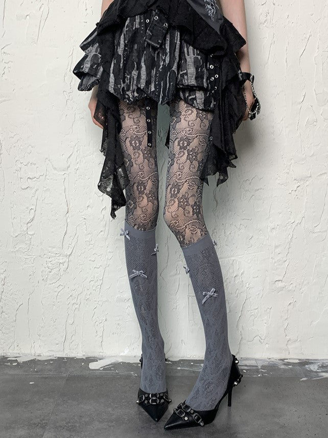 Gray Y2K Bowknot Details Hollowed-out Underknee Stockings