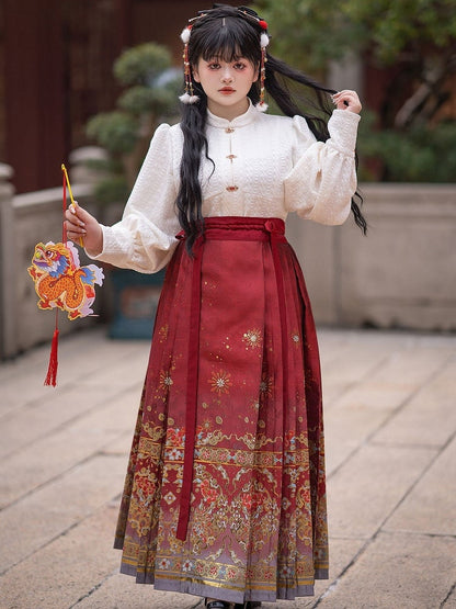 Plus Size New Year Red High Waist Maxi Pleated Skirt