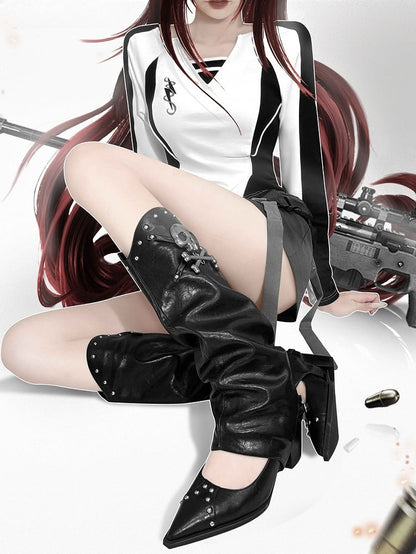 Black Pointed Toe Gothic Block Heels with Skeleton Decorated Leg Warmers