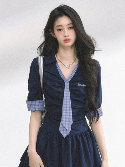 Plaid Tie Design Navy Blue Preppy Style V-neck Mini Dress