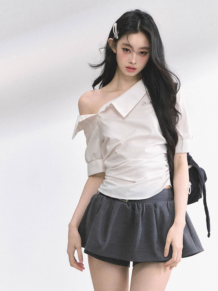 White Asymmetrical Neckline T-shirt Self-tie Bow at Back