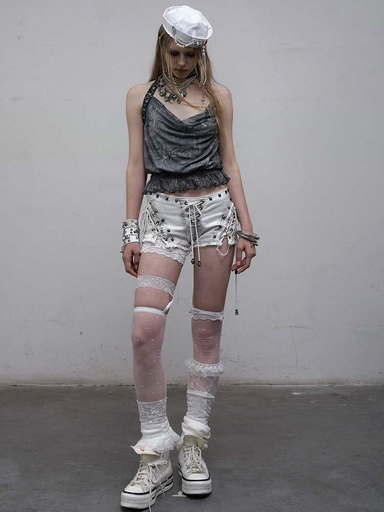 Black/White Wasteland Punk Studs Decorated Lace-up Details Raw Hem Shorts