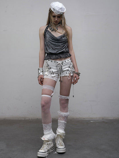 Black/White Wasteland Punk Studs Decorated Lace-up Details Raw Hem Shorts