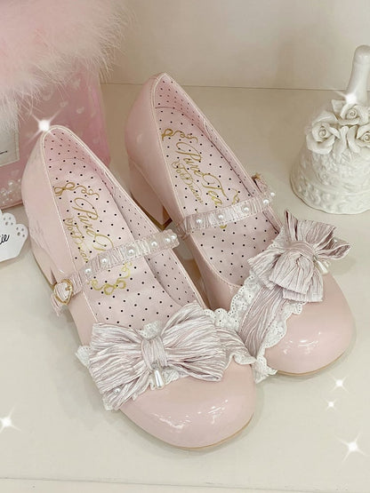 Pink Beaded Decorated Bow at Top 2.5CM/5CM Block Heels Round Toe Shoes