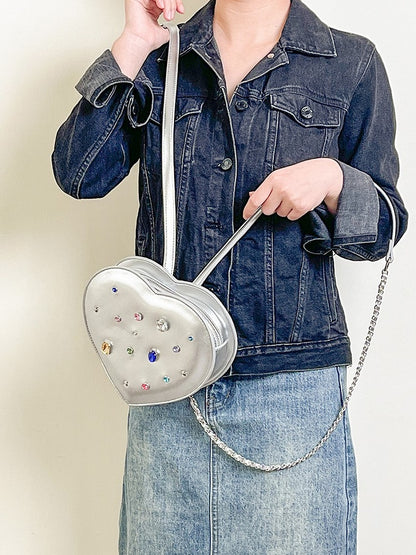 Sparkling Silver Heart-Shaped Backpack With Rhinestone Embellishments