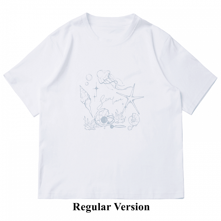 Seashell and Jellyfish Print White Round Neck T-shirt Regular/Short Version