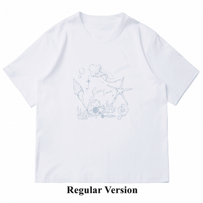 Seashell and Jellyfish Print White Round Neck T-shirt Regular/Short Version
