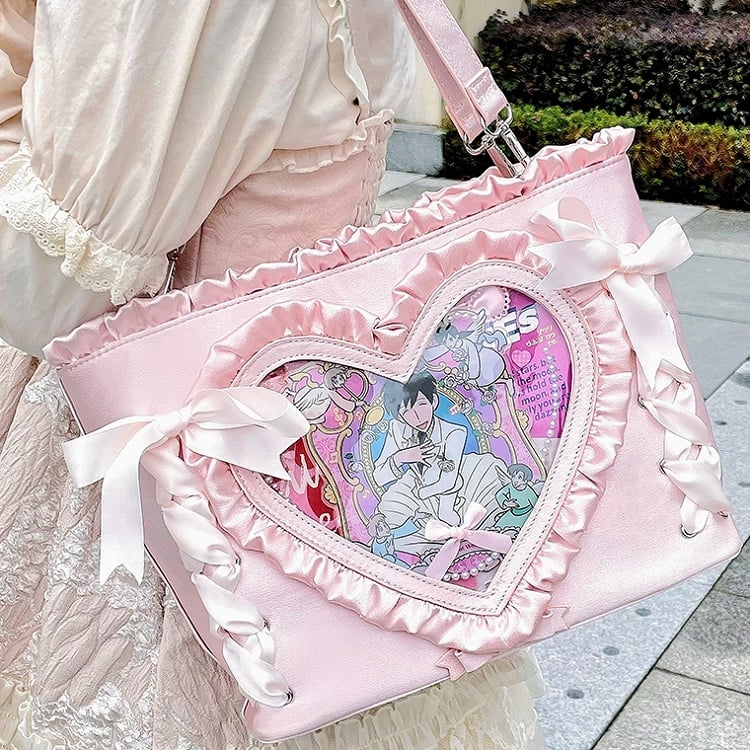 Pink Stain Lace-up Design Ruffles Trim Heart Tota Ita Bag