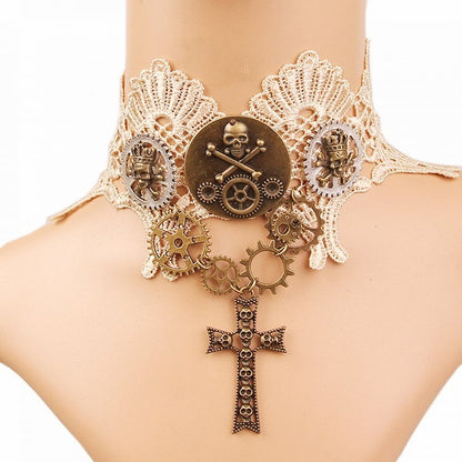 Steampunk Gears Cross Pendant Lace Choker
