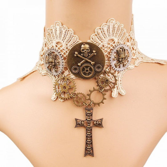 Steampunk Gears Cross Pendant Lace Choker