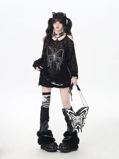 Butterfly Print Cutout Shoulder Lace Trim Black/Beige Knit Coverup