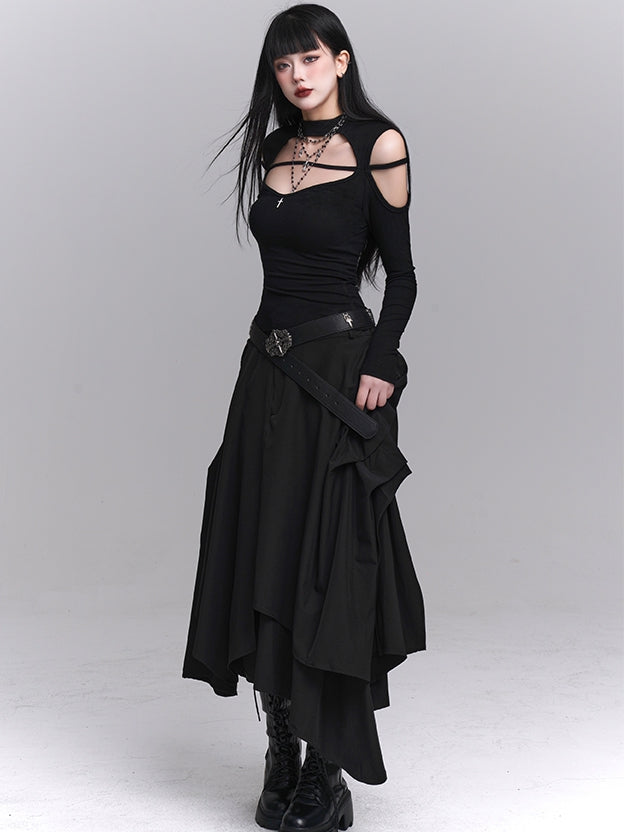 Black Crew Neck Cutout Shoulder Cross Embellished Top