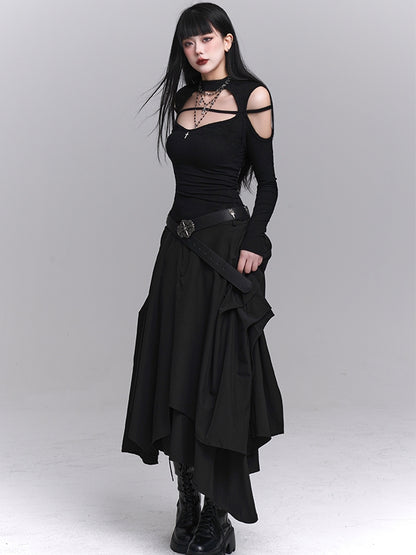 Black Crew Neck Cutout Shoulder Cross Embellished Top