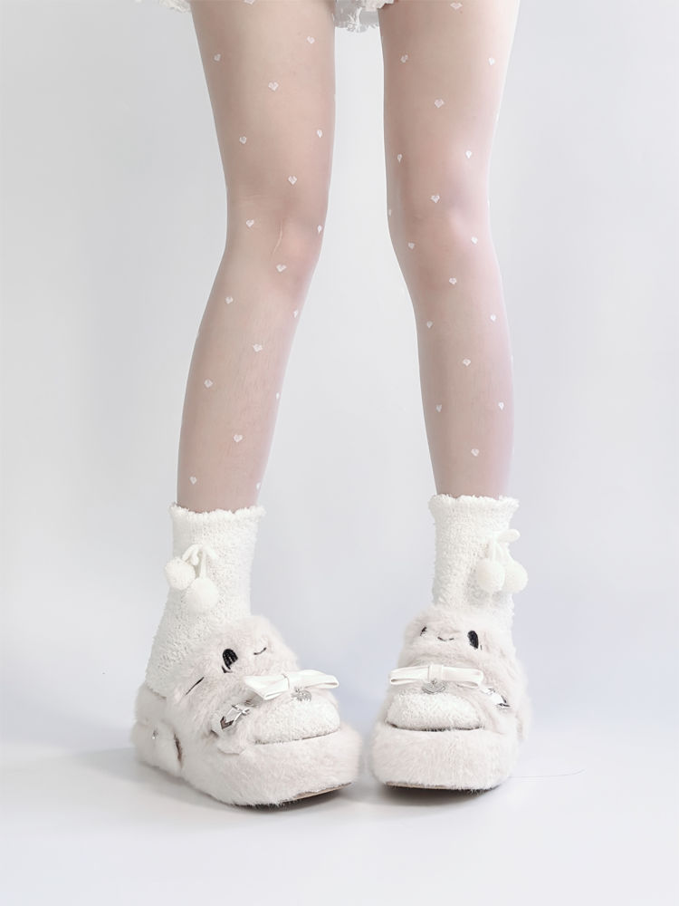 White Jirai Kei Platform Slippers: Plush Kitten Embroidery with Bow & Heart Charm