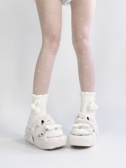 White Jirai Kei Platform Slippers: Plush Kitten Embroidery with Bow & Heart Charm
