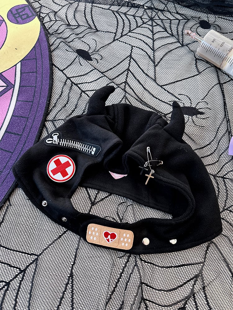 Pins and Zip Design Black Punk Devil Horns Hat