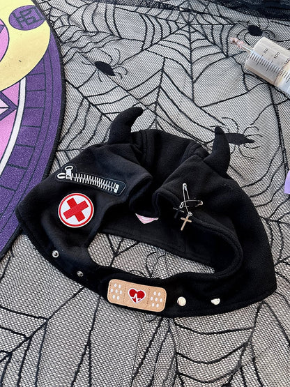 Pins and Zip Design Black Punk Devil Horns Hat