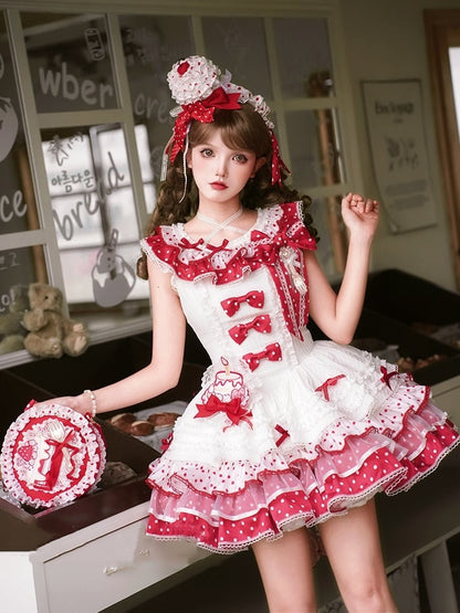 White and Red Polka-dot Bowknots on Bodice Tiered Skirt Sweet Lolita Jumper Skirt