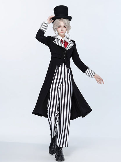 Ouji Fashion Clown Vibes White Striped Lapel Collar Black Tailcoat Halloween Outfit
