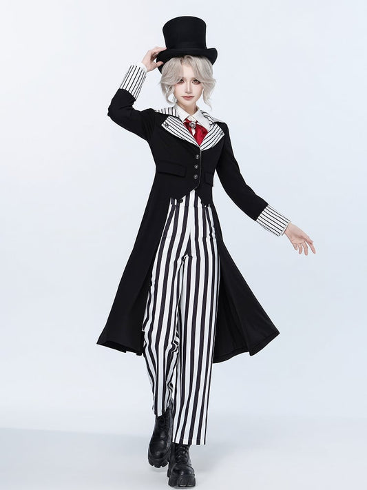 Ouji Fashion Clown Vibes White Striped Lapel Collar Black Tailcoat Halloween Outfit
