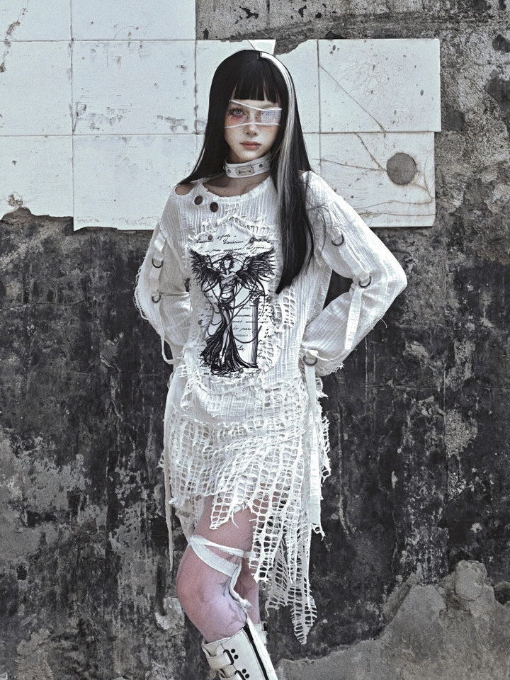 White Angel Print Cutout Shoulders Punk Oversize Sweat Shirt