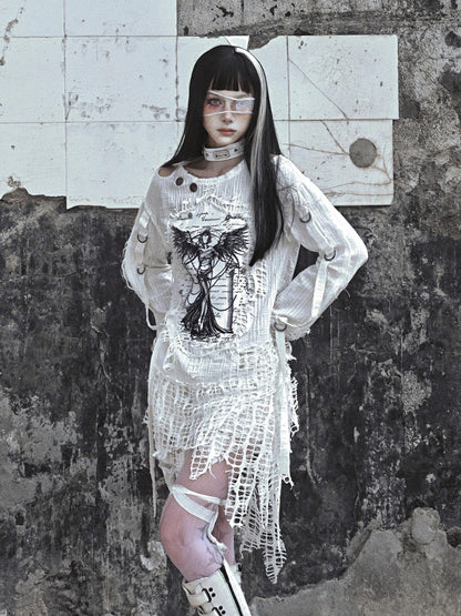 White Angel Print Cutout Shoulders Punk Oversize Sweat Shirt