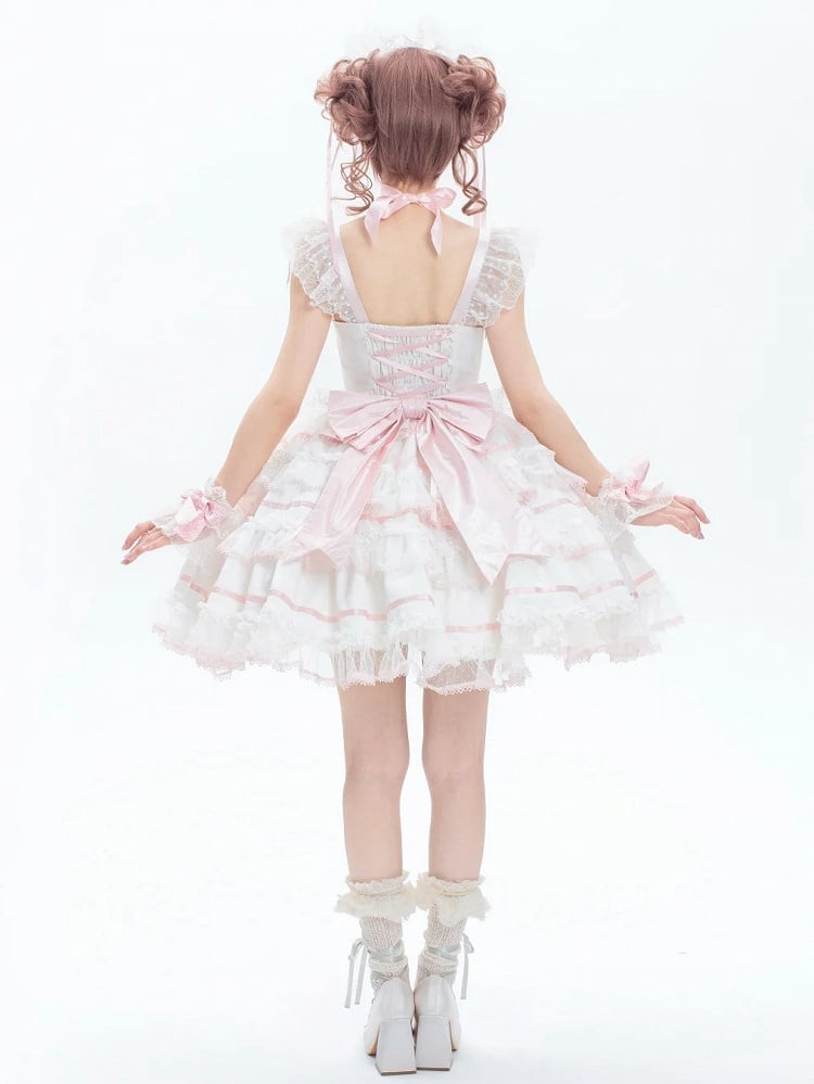 White and Pink Sweet Bow Accents Princess Lolita Jumper Skirt