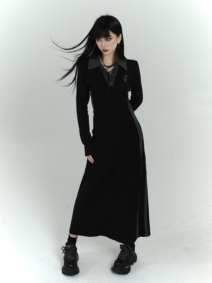 Gothic Black Dress with Lace-up Detail at Front