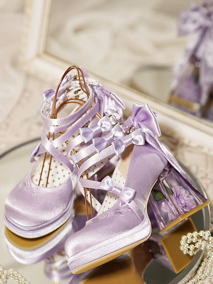 Purple Camellia Flower High Block Heel Elegant Platform High Heels