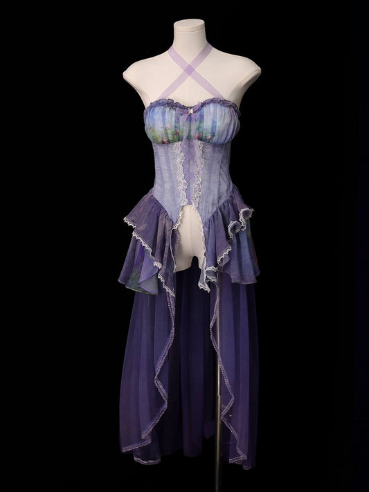 Purple Fairy Oil Painting Print Tiered Flounce Hem Halter Boned Corset Top