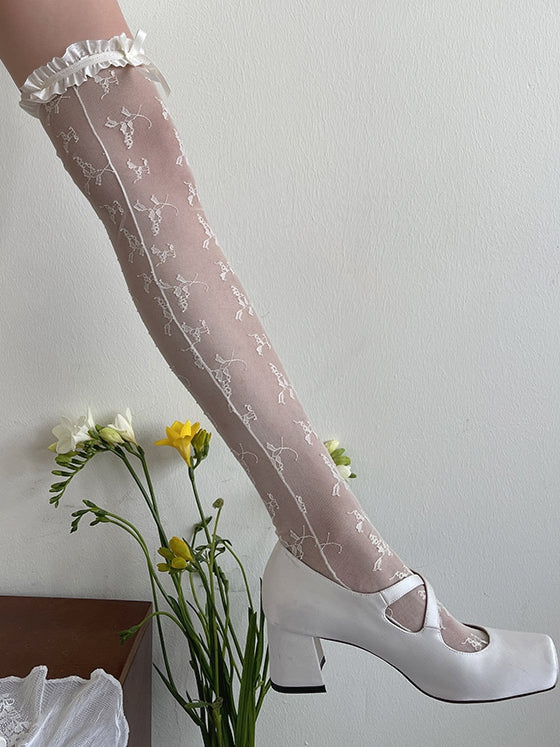 White/Black/Beige Rosette Lace Over-Knee Stockings