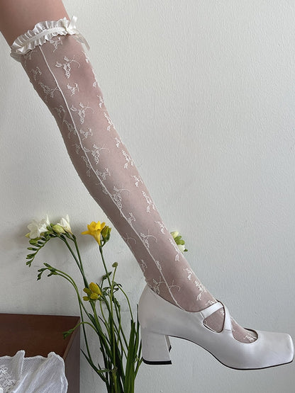 White/Black/Beige Rosette Lace Over-Knee Stockings