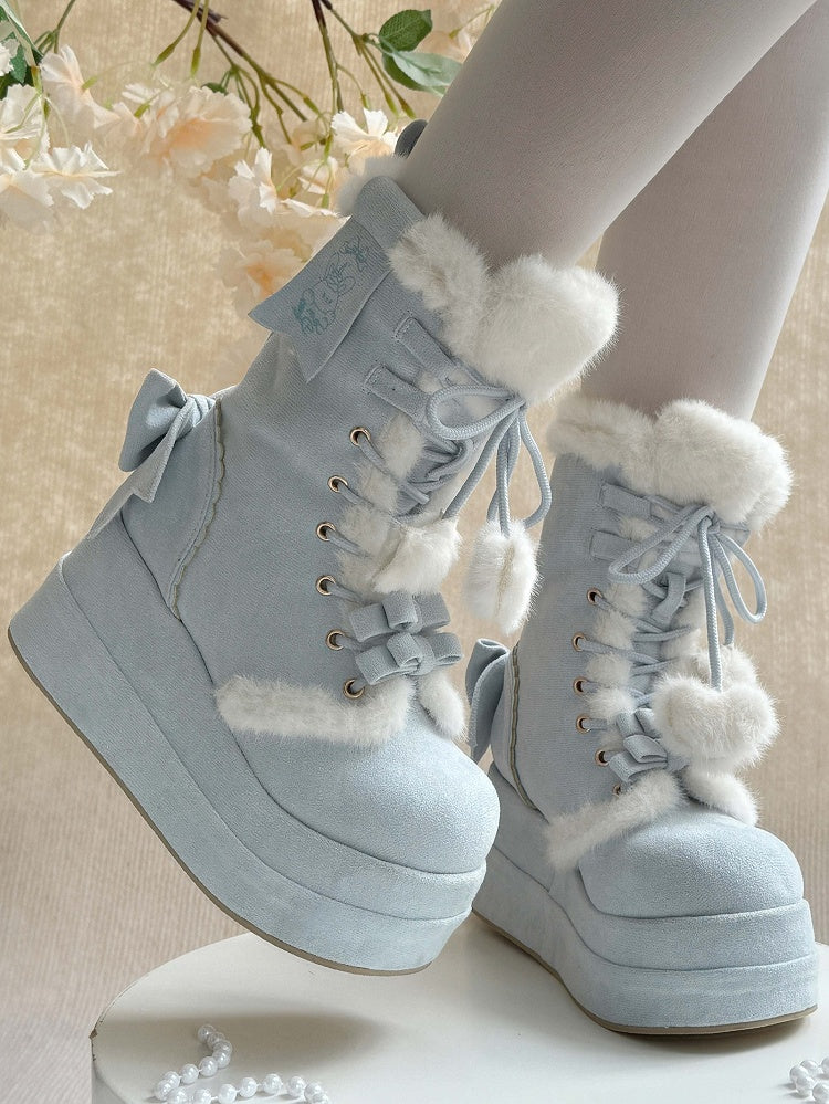 Sweet Blue Snow Boots For Lolita - Plush Interior with Star & Heart Lace Charms & Delicate Bows