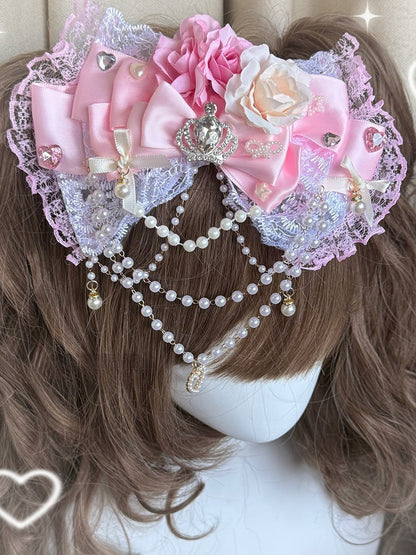 Pink Rhinestone Crown Decorated Beaded Charm Floral Design Bowknot Hairclip