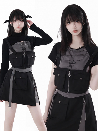 Black Pocket Details Techwear Zip-up Vest Snap Shoulder Straps