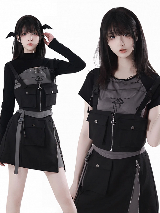 Black Pocket Details Techwear Zip-up Vest Snap Shoulder Straps