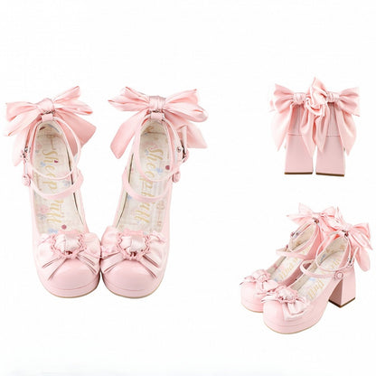 Polished Pink Bow at Top Platform High Block Heels