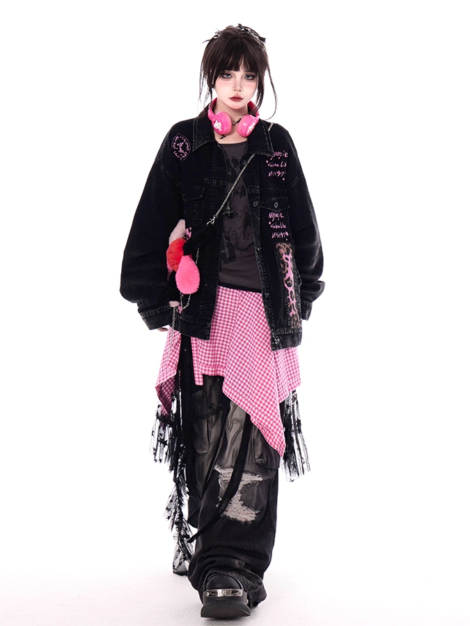 Pink Leopard Pattern Black Shirt Collar Faded Wash Vintage Denim Jacket