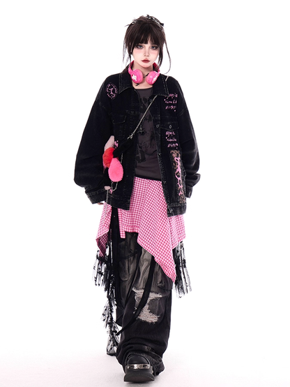 Pink Leopard Pattern Black Shirt Collar Faded Wash Vintage Denim Jacket