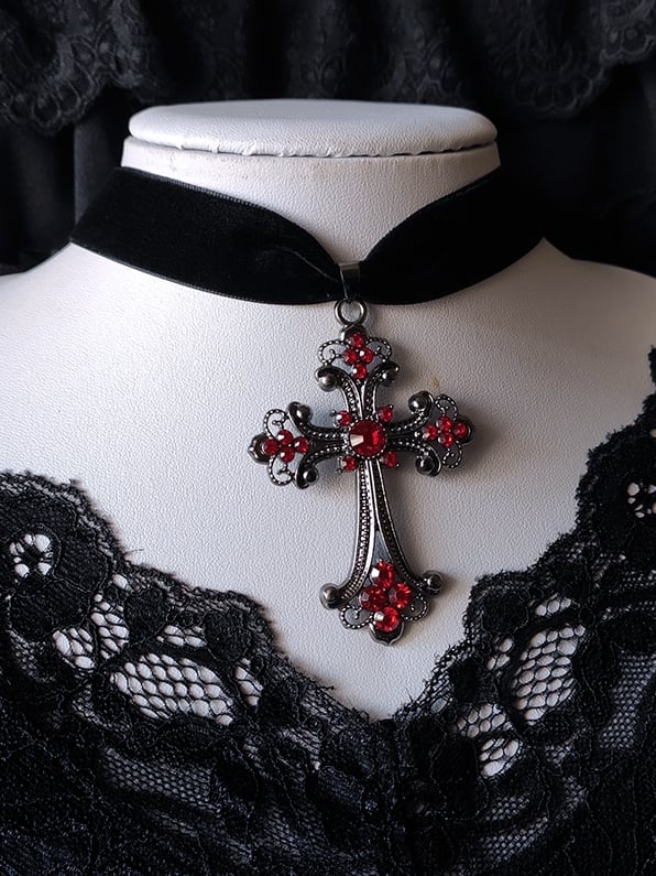 Clearance-Victorian Gothic Red Rhinestones Black Velvet Cross Choker