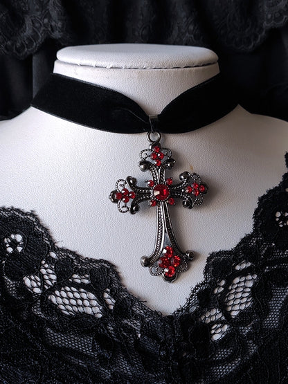 Victorian Gothic Red Rhinestones Black Velvet Cross Choker