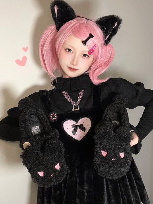 Black Plush Bunny Sweet Lolita Slipons