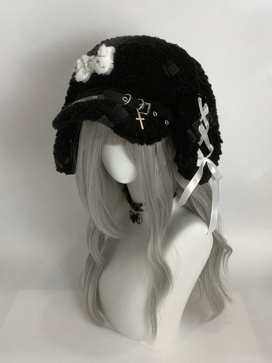 Black Cross and Pins Buckle Bunny Ear Plush Hat
