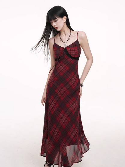 Red & Black Plaid V-neck Self-tie Strap Neckline Cami Dress