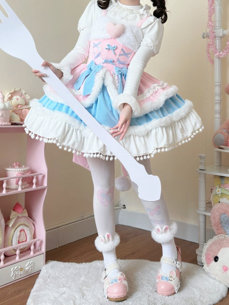 Plush Trimming Pink Sweet Lolita Dress for Autumn and Winter