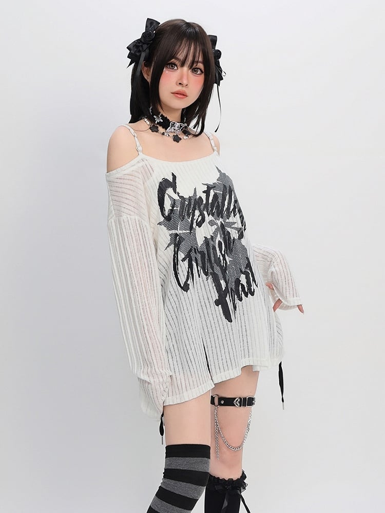 Y2K Off-the-shoulder Neckline Slit Hem Black/White Graphic Coverup