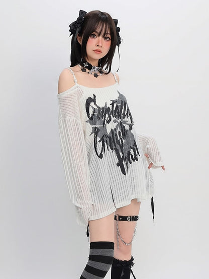 Y2K Off-the-shoulder Neckline Slit Hem Black/White Graphic Coverup