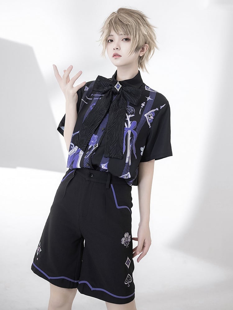 Ouji Fashion Poker and Rose Print Summer Magician Shirt with Bowtie