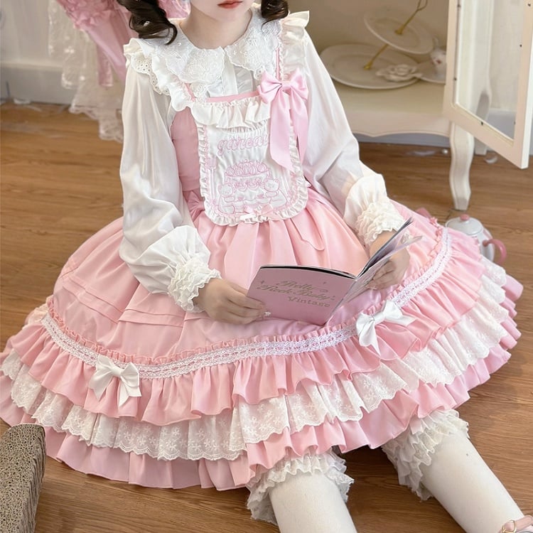 Teddy and Cake Embroidery Bodice Pink Sweet Lolita Dress