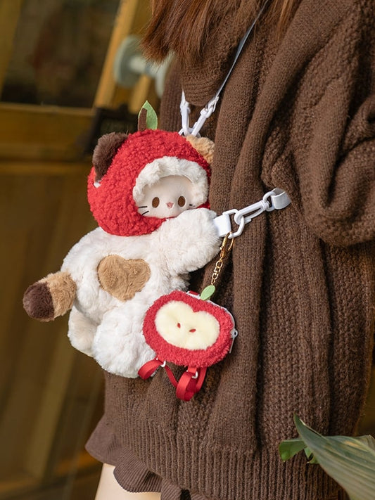 White Kitty-shaped Plush Backpack/Crossbody Bag + Red Apple Hat + Apple Backpack Keychain Middle/Large Size
